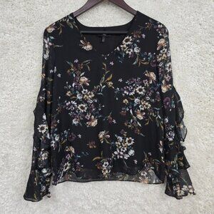 IZ Byer Top Women Medium Black Floral Ruffle Sleeves Lined Fairy